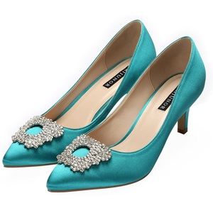 ERIJUNOR Low Heel Satin Teal Pump with Rhinestone Brooch